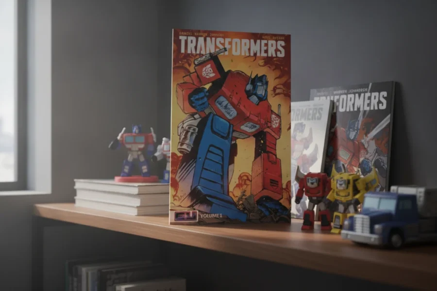 A Transformers Vol 1 Robots in Disguise comic on a shelf with robot figures.