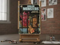 "Urban Monsters #3" comic book on an easel, with art supplies scattered around.