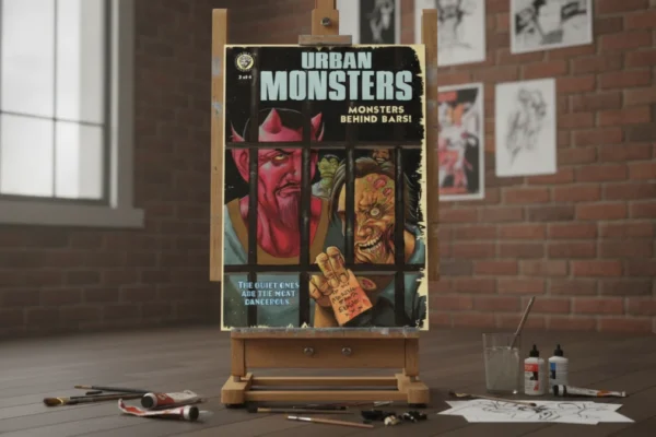 "Urban Monsters #3" comic book on an easel, with art supplies scattered around.
