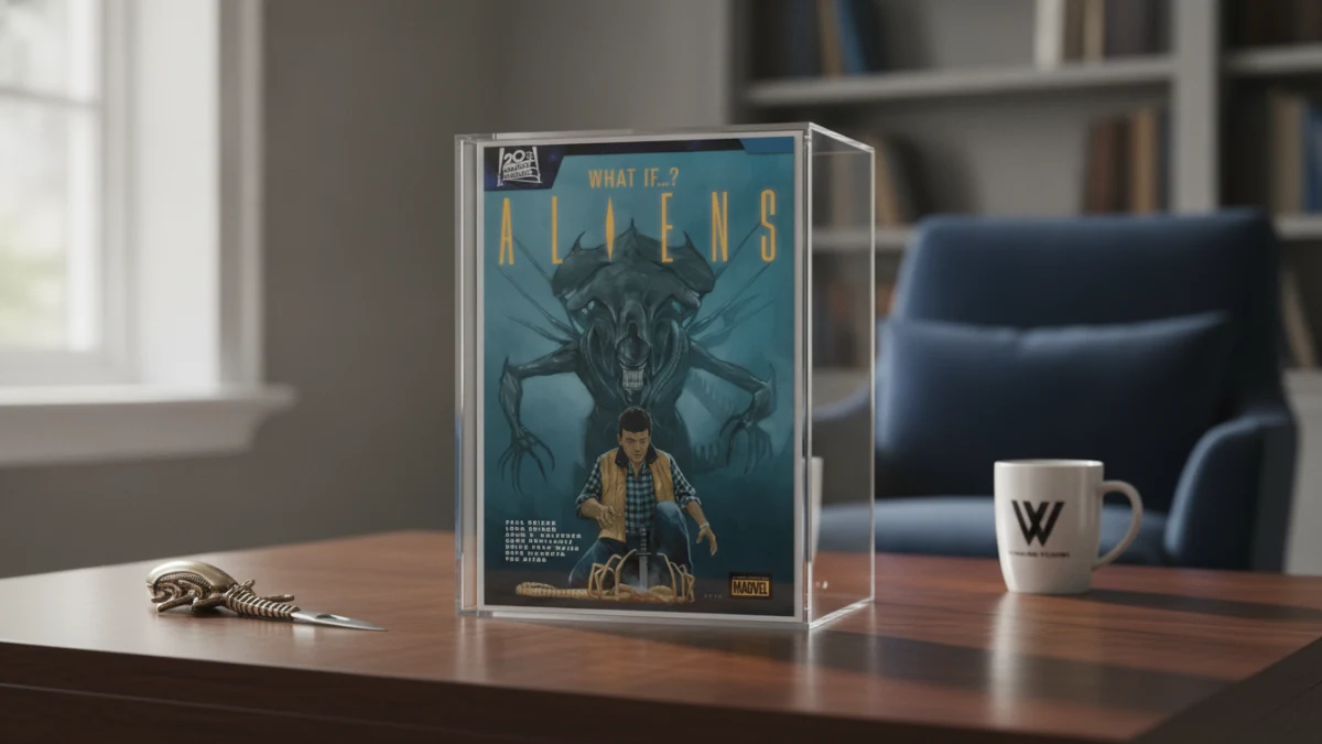 What If...? Aliens Comic Display "What If...?" Aliens comic book in a display case on a desk with a mug.
