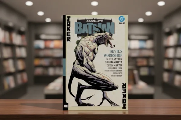 Absolute Batman Vol 3 comic book on a table in a blurred bookstore.