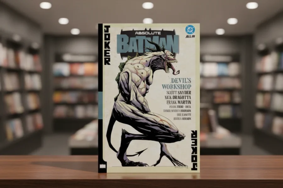 Absolute Batman Vol 3 comic book on a table in a blurred bookstore.