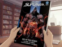 Close-up of hands holding Absolute Superman Vol 2 comic book in a library.