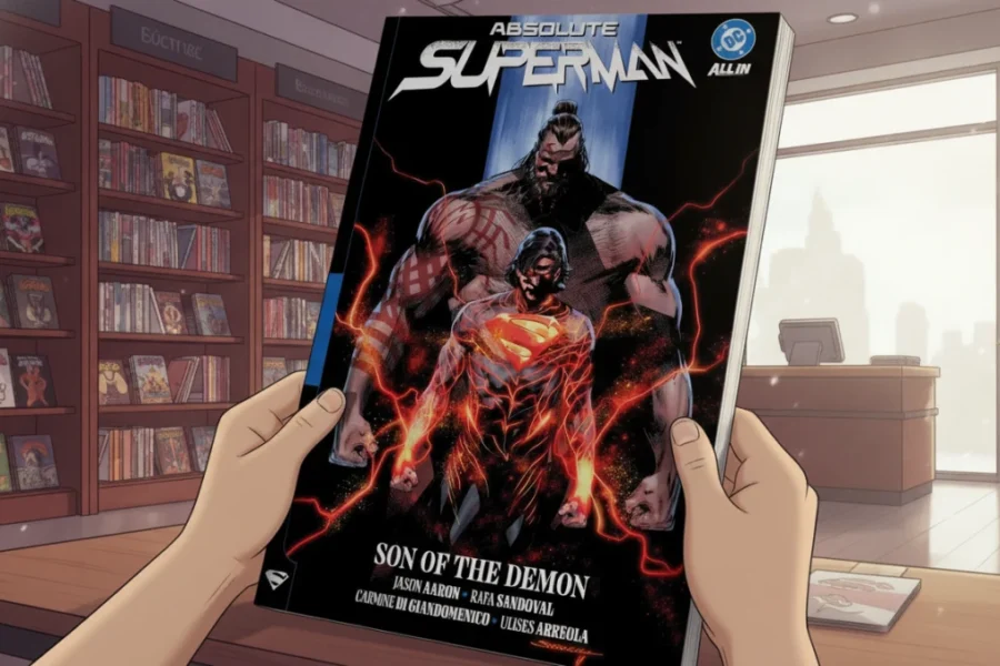 Close-up of hands holding Absolute Superman Vol 2 comic book in a library.