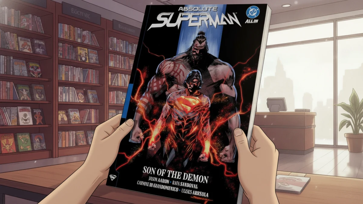 Close-up of hands holding Absolute Superman Vol 2 comic book in a library.