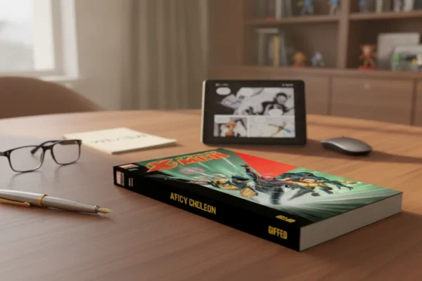 Astonishing X-Men Modern Era Epic Collection comic on a desk with an e-reader.