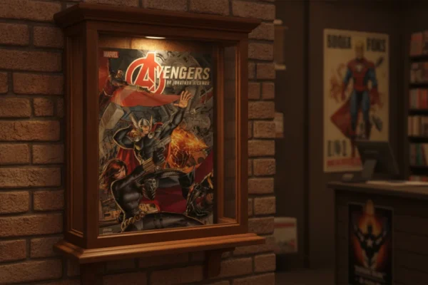Avengers by Jonathan Hickman comic cover on display in a comic book store.