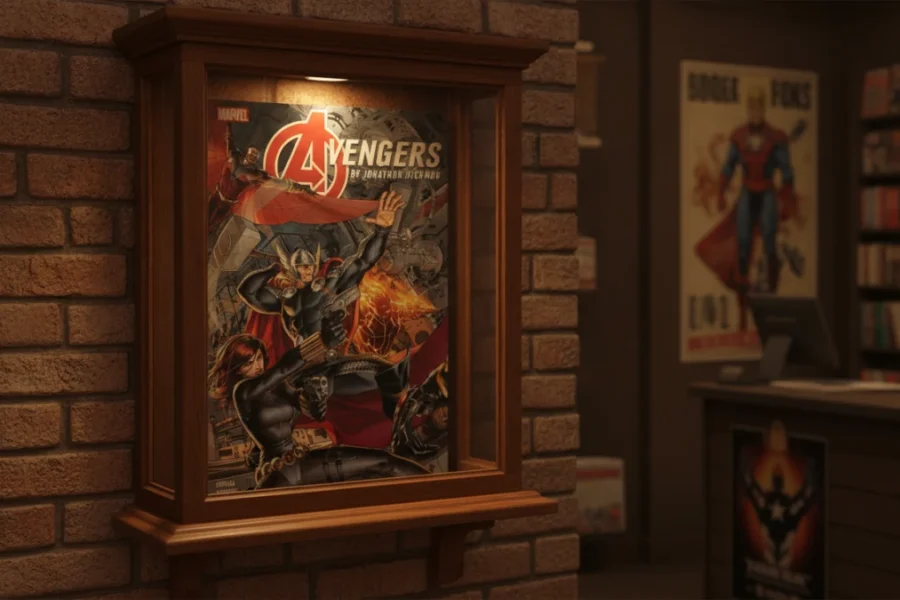 Avengers by Jonathan Hickman comic cover on display in a comic book store.