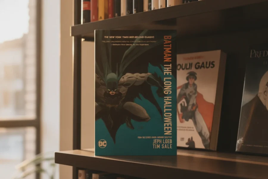 "Batman The Long Halloween" comic book displayed on a bookshelf in golden hour light.