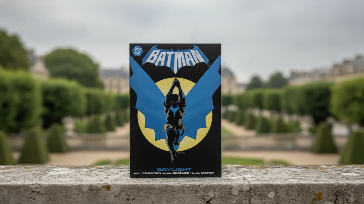 Batman Vol 1 Daylight comic on a stone ledge in a lush French garden.