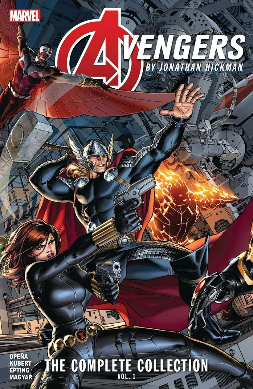 Stack of Marvel Complete Collection books on a bookshelf with Avengers by Jonathan Hickman Vol. 1