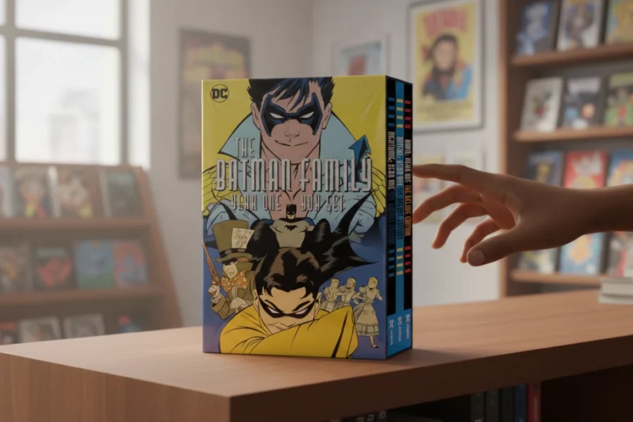 A person's hand reaching for "The Batman Family Year One Box Set" in a comic shop.