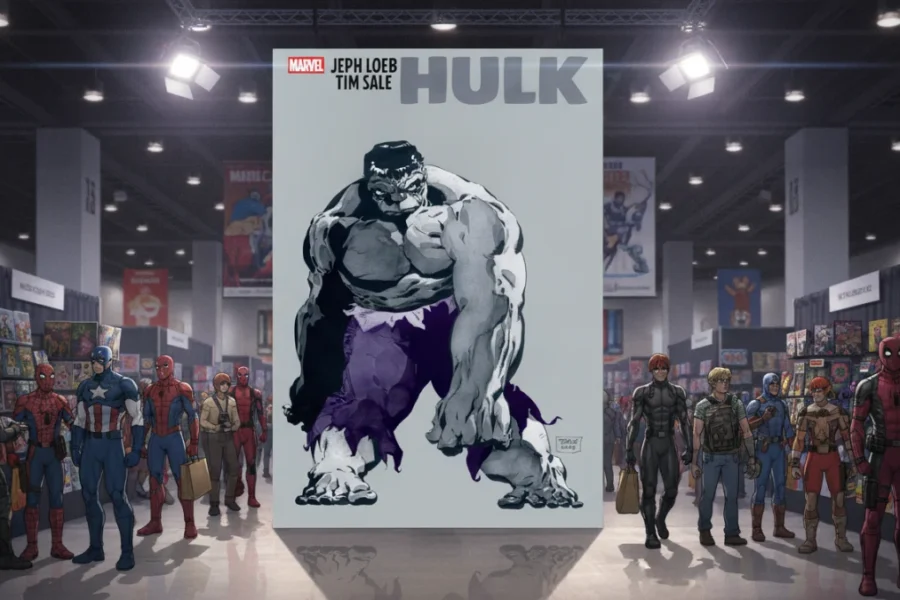 Hulk Gray comic book cover on display at a vibrant comic convention.