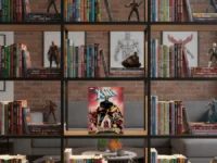 X-Men Dark Phoenix Saga graphic novel centered on a modern, warm-lit bookshelf.