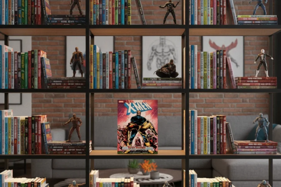 X-Men Dark Phoenix Saga graphic novel centered on a modern, warm-lit bookshelf.