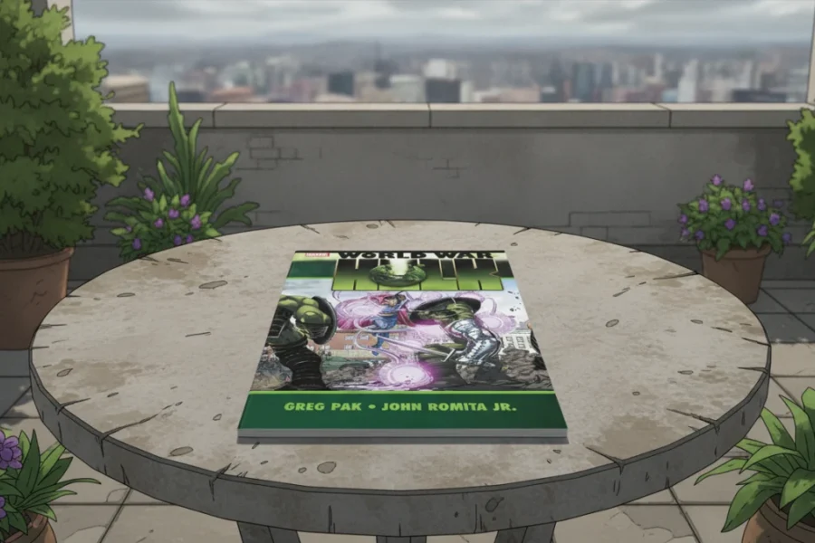 "World War Hulk" comic book on a table, with a city skyline in the background.