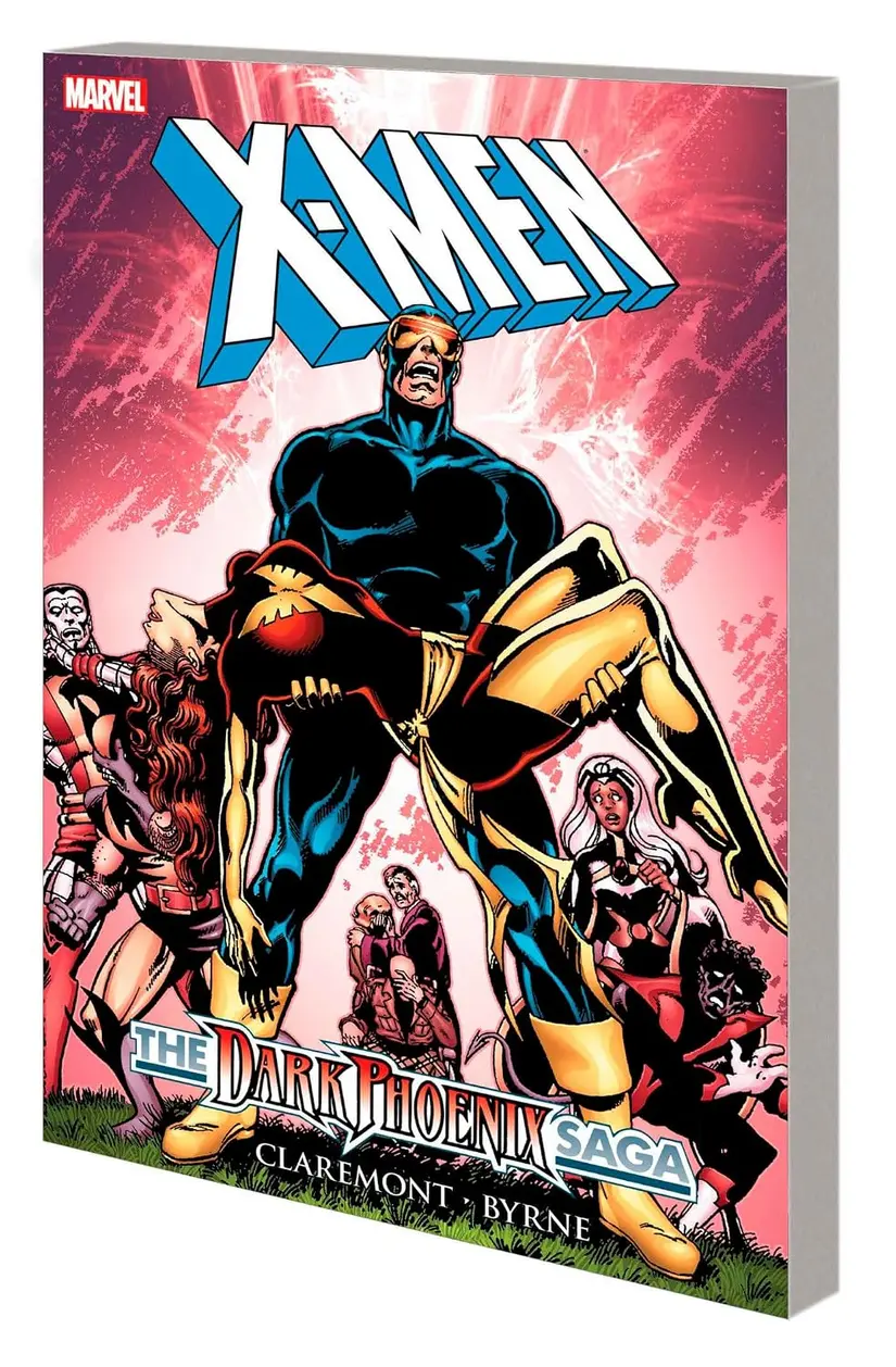 X-Men Dark Phoenix Saga New Printing 2 paperback comic book spine on a bookshelf with other graphic novels