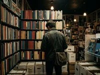 Reader seen from behind browsing shelves of plain-spined books in a dimly lit comic shop
