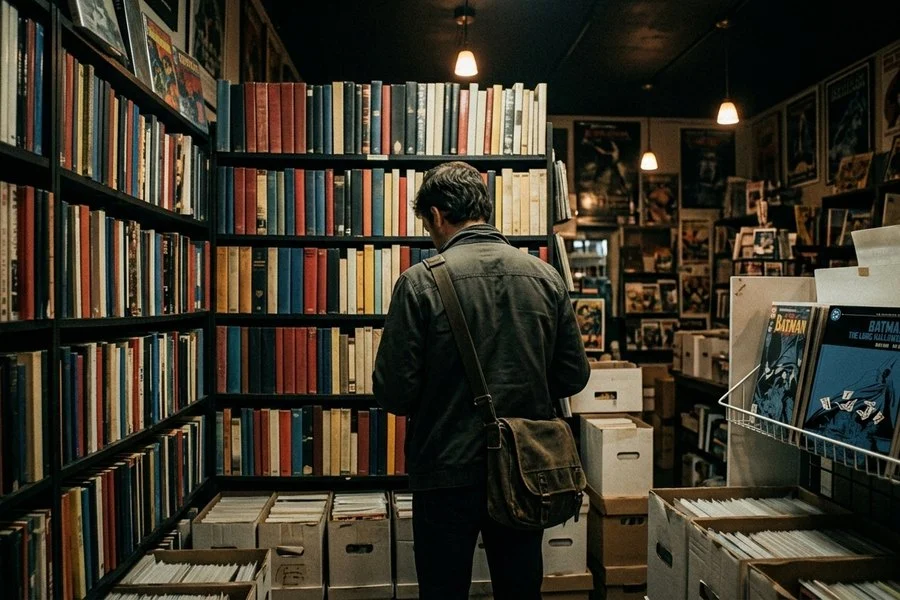 Reader seen from behind browsing shelves of plain-spined books in a dimly lit comic shop